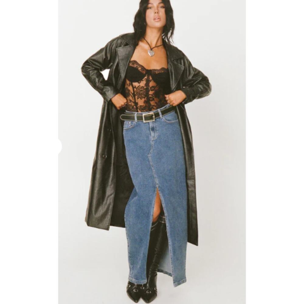 Princess Polly Women's Batkins Maxi Skirt 8 Dark Wash Denim Front Slit Casual